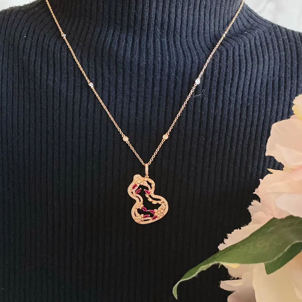 Qeelin Kirin Flower Vine Red Gourd Necklace