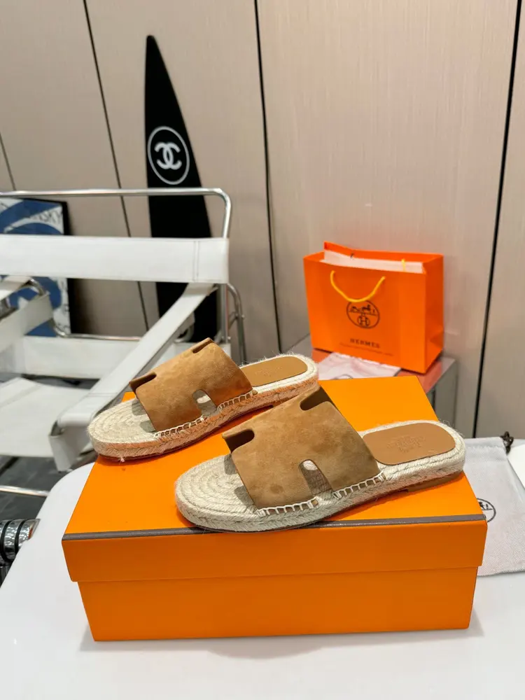Hermès H-shaped hemp rope woven leather sole slippers
