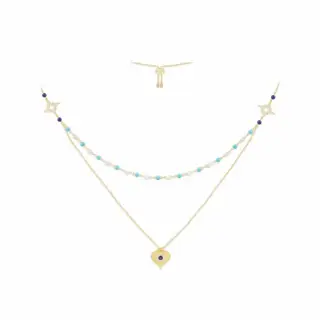 Apm monaco love blue stone pendant double chain necklace