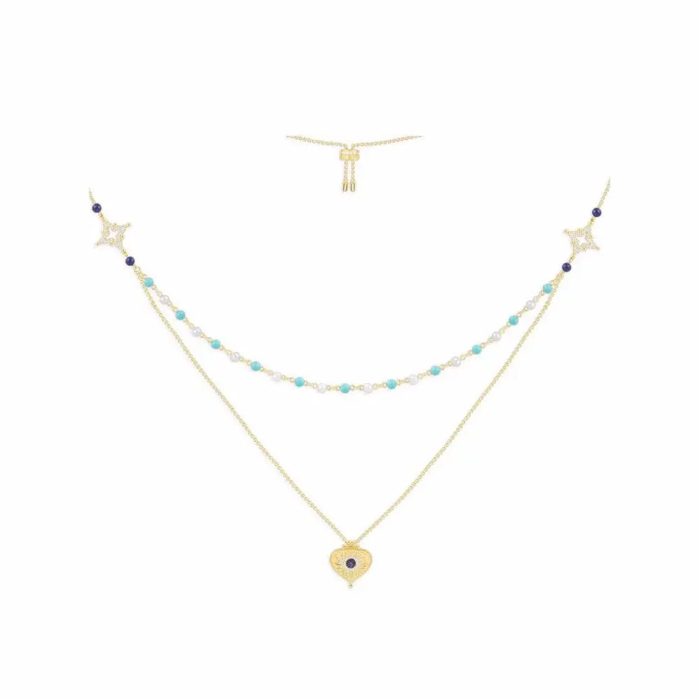 Apm monaco love blue stone pendant double chain necklace