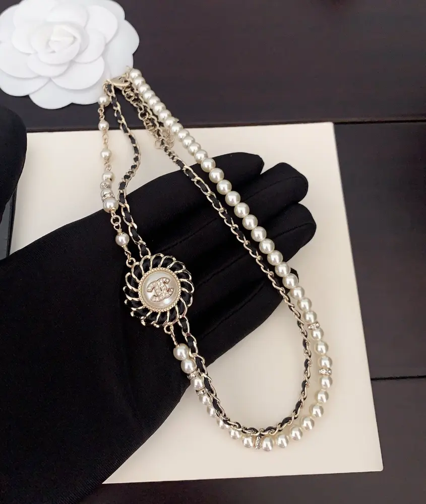 Chanel Round Pearl Black Leather Double Necklace