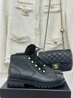 Chanel color-blocked lace-up short boots