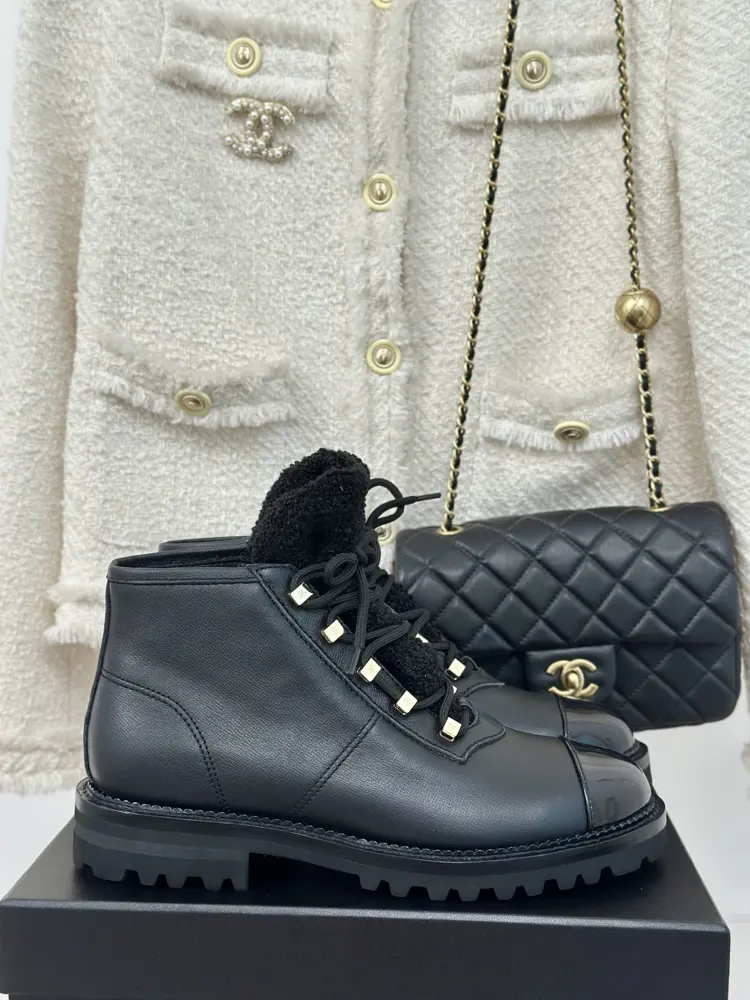 Chanel color-blocked lace-up short boots