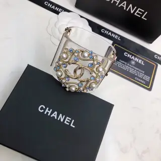 Chanel Diamond Water Double C Logo Resin Transparent Wide Bracelet