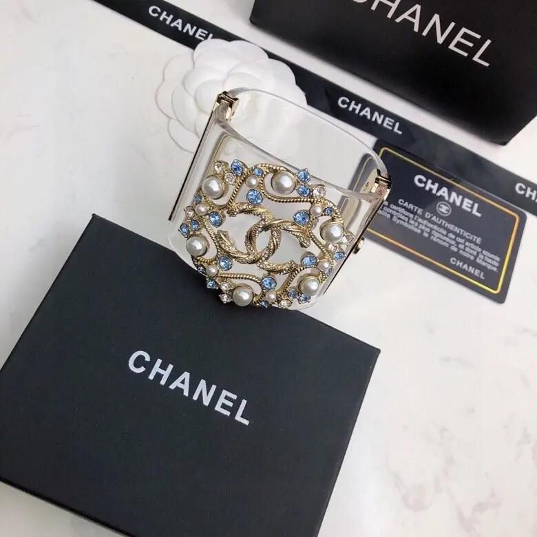 Chanel Diamond Water Double C Logo Resin Transparent Wide Bracelet