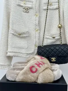 Chanel Cross-stitched Fur Slippers