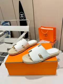 Hermès H-shaped hemp rope woven leather sole slippers