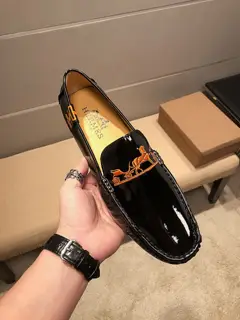 Hermès casual loafers Upper Italian imported first-layer cowhide leather + embroidery