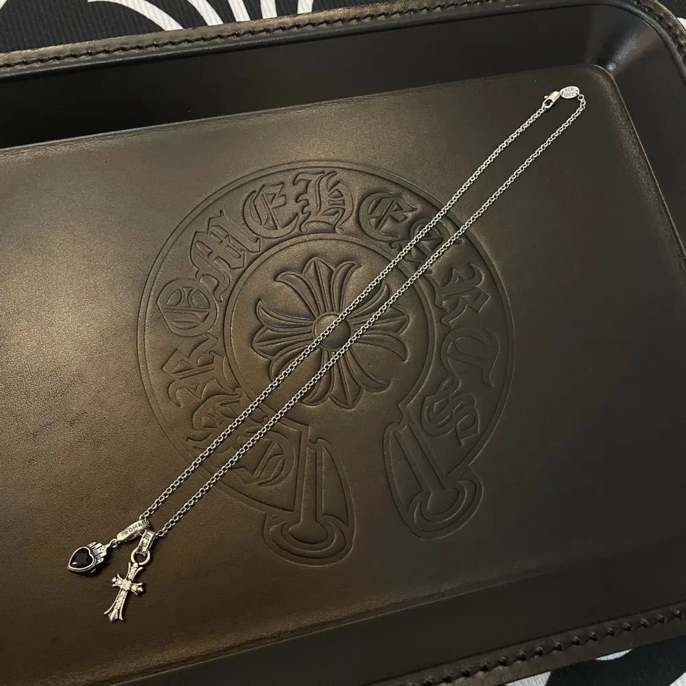 Chrome Hearts Classic Vintage Necklace Cross Heart Shaped Double Pendant