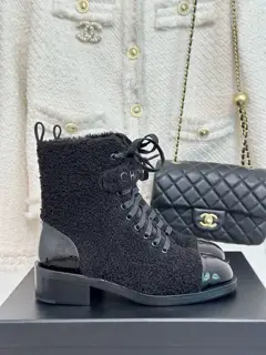 Chanel color-blocked lace-up furry thick-heeled short boots