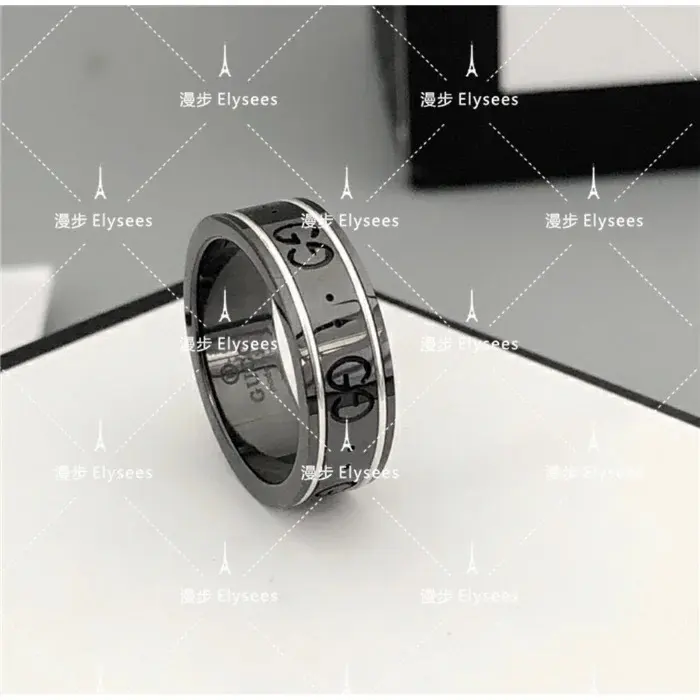 Gucci new ring Lcon men’s and women’s white ceramic black steel stone couple’s ring wedding