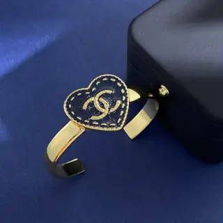 Chanel double C metal heart shape dark blue oil drop glue open bracelet