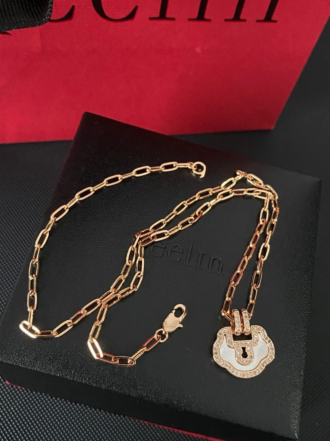 Qeelin Kirin White Shell Ruyi Lock Necklace