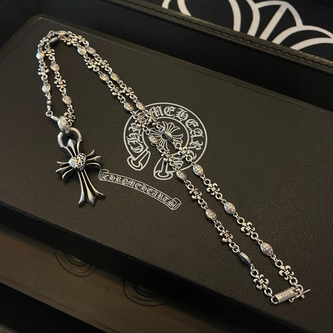 Chrome Hearts Classic retro multi-element necklace Cross heart-shaped pendant Concave and