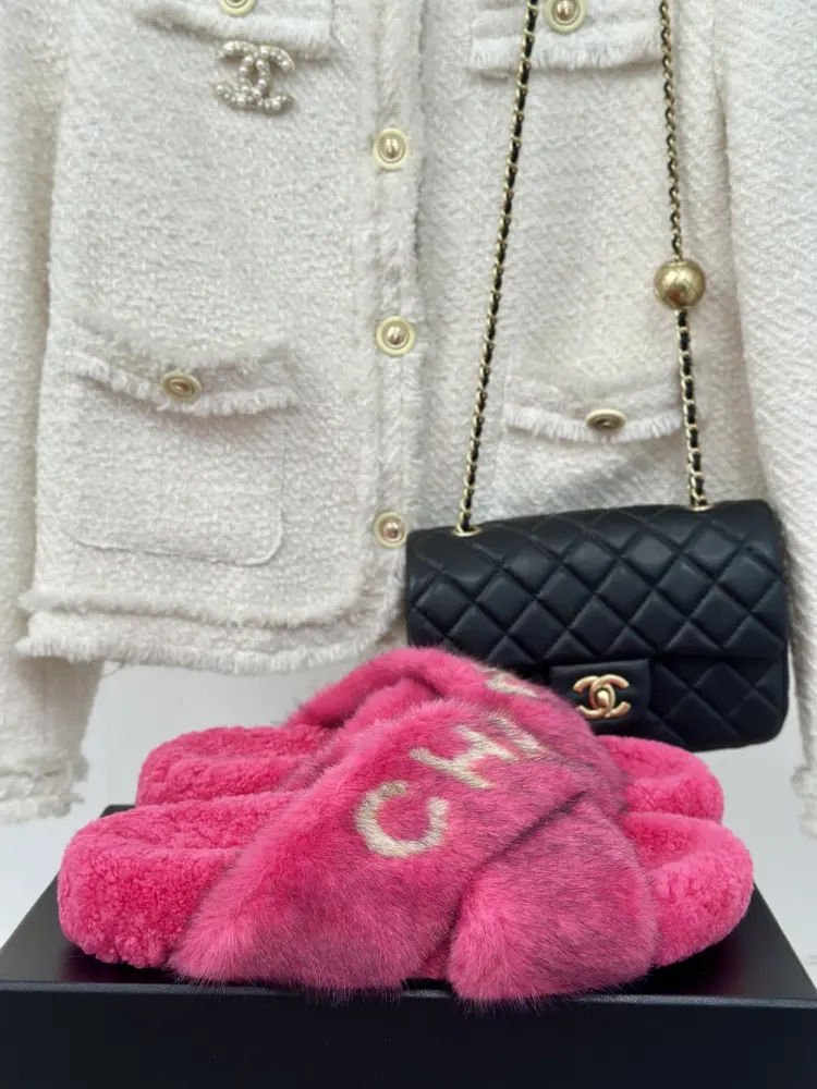 Chanel Cross-stitched Fur Slippers