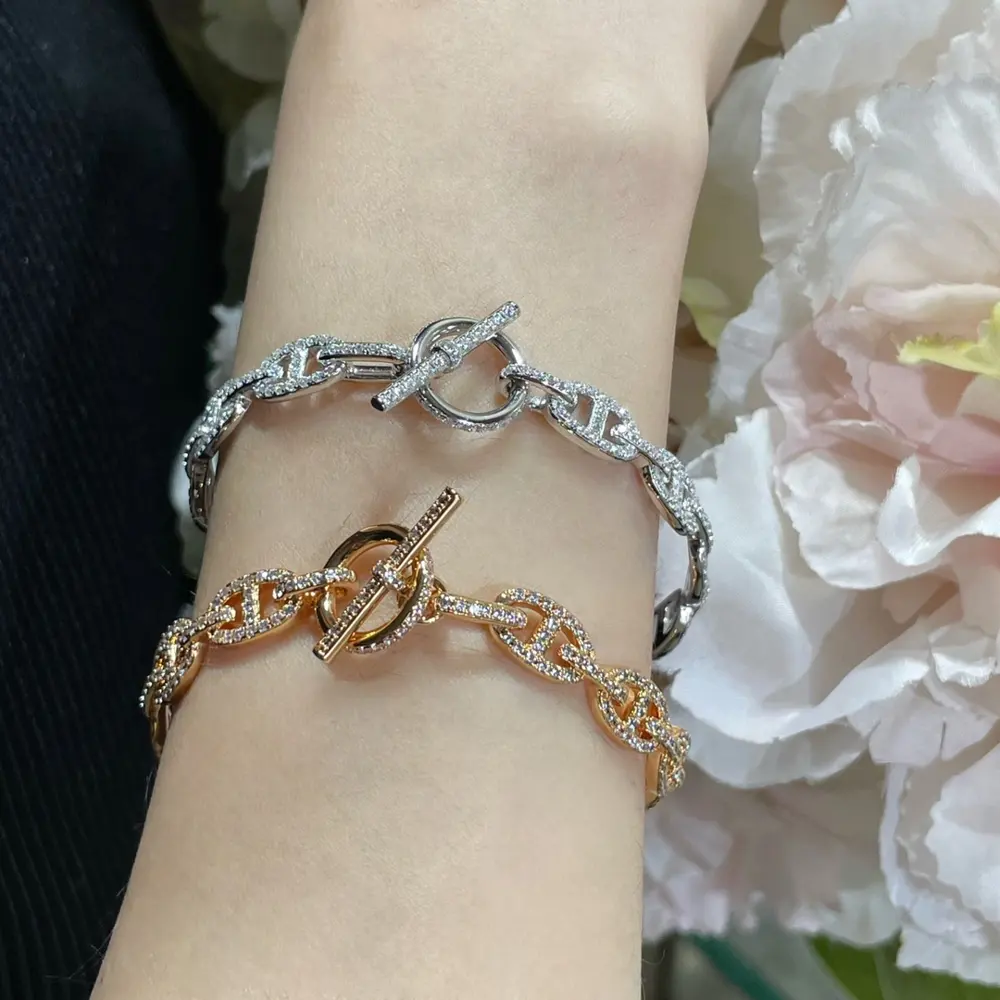 V gold material Hermes full diamond pig nose bracelet