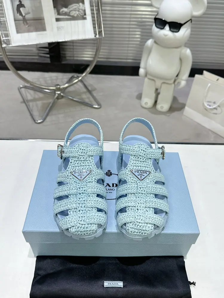 Prada Pig Cage Shoes Sawtooth Roman Braided Thick-soled Rubber Sandals Retro
