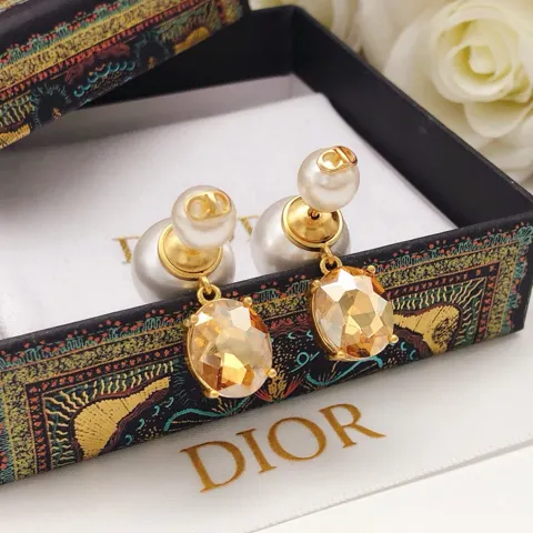 DIOR autumn new style letter pink diamond temperament large and small pearl earrings