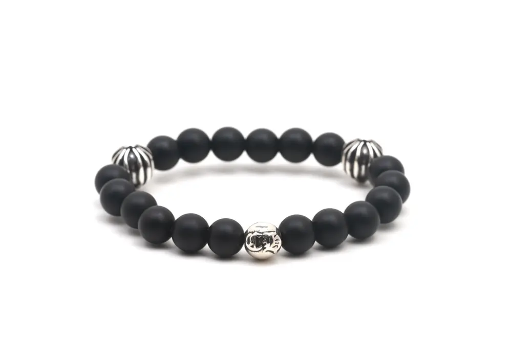 Chrome Hearts frosted obsidian three silver beads bracelet Size: 8mm