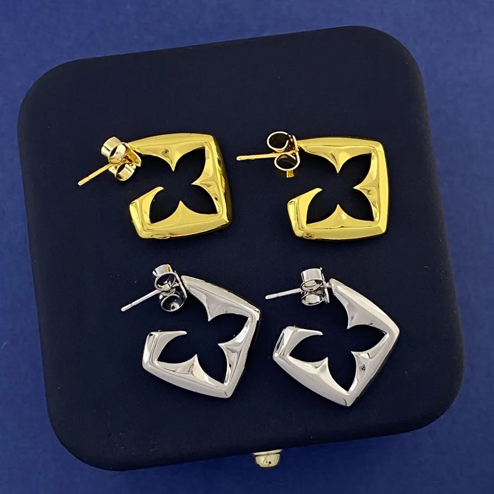 Louis Vuitton polished diamond square hollow cross diamond flower earrings