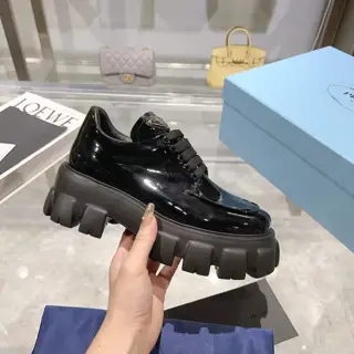 Prada black open-edge bead calfskin + cowhide pads thick sole casual leather shoes