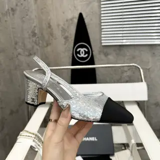 Chanel thick heel square toe color matching high heel sling back sandals for women