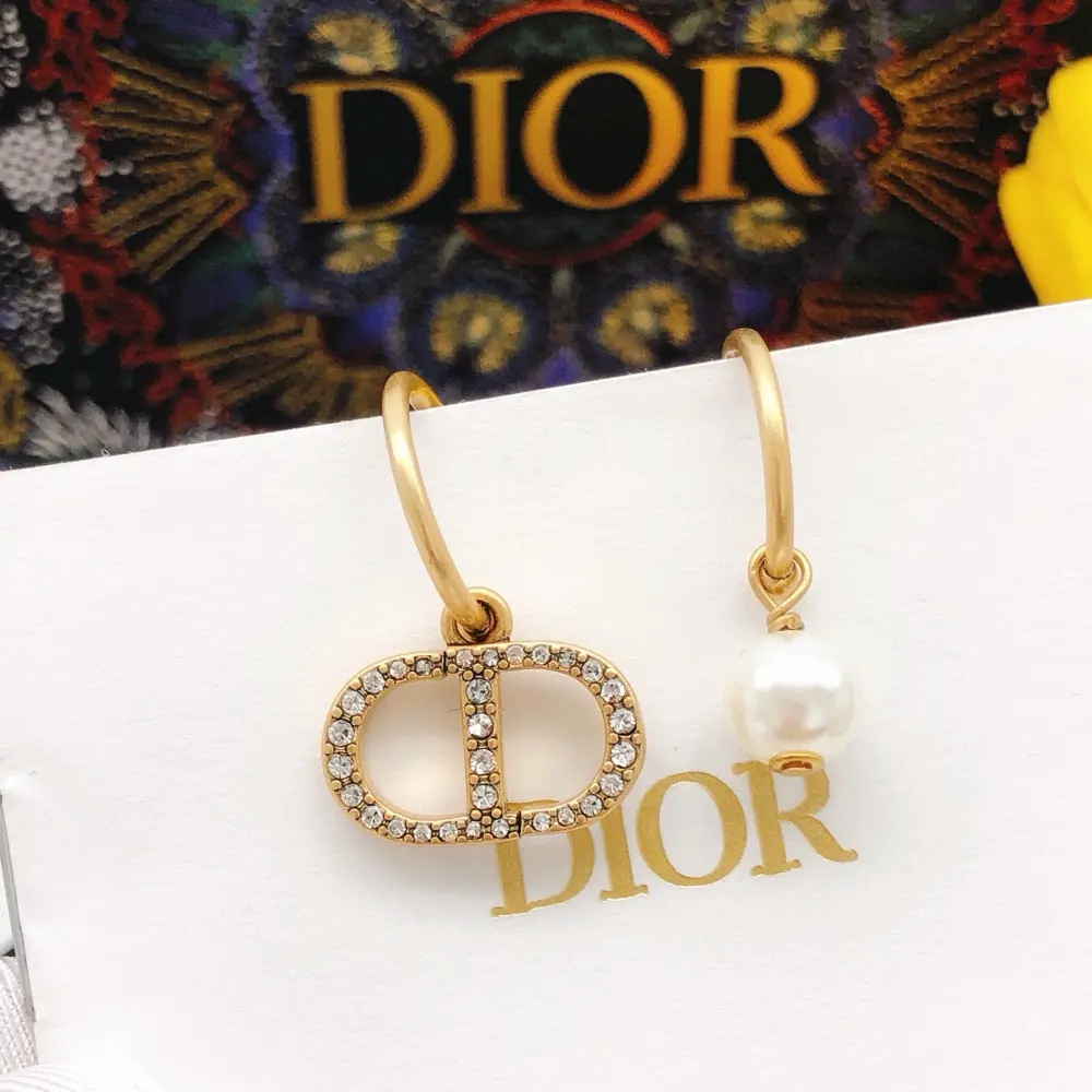 DIOR original new ear hook micro diamond CD pearl earrings high-end quality