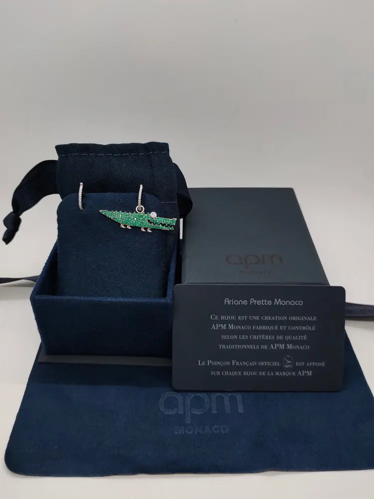 Apm monaco asymmetrical sterling silver with green crystal diamonds and large crocodile