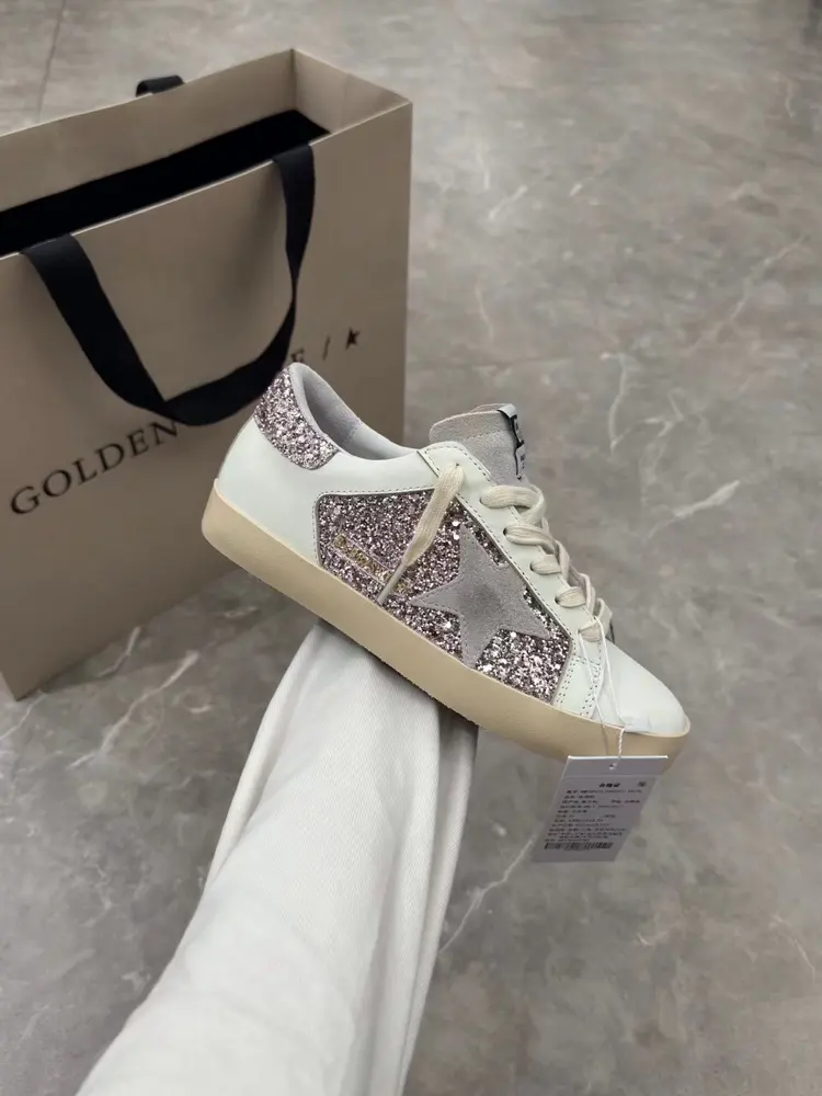 Golden Goose white leather and pink silver grid couple style Shoes