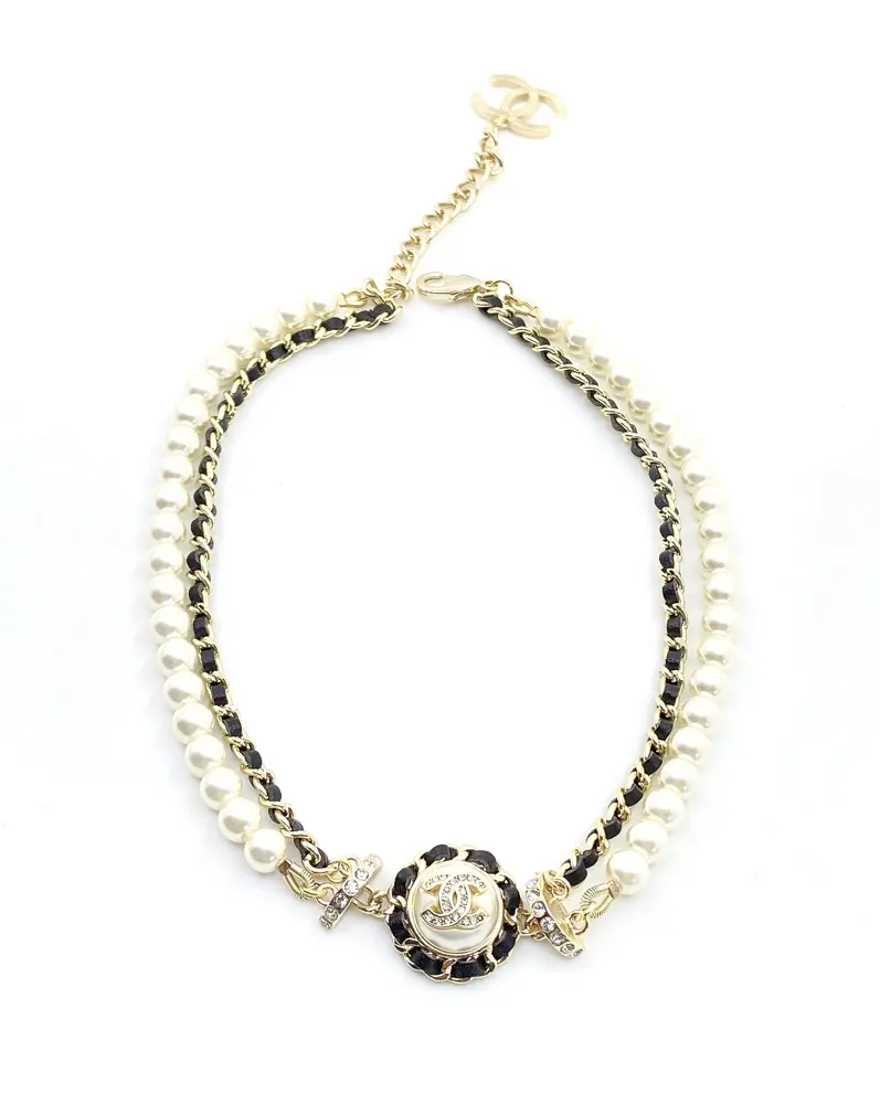 Chanel black leather round pearl necklace choker