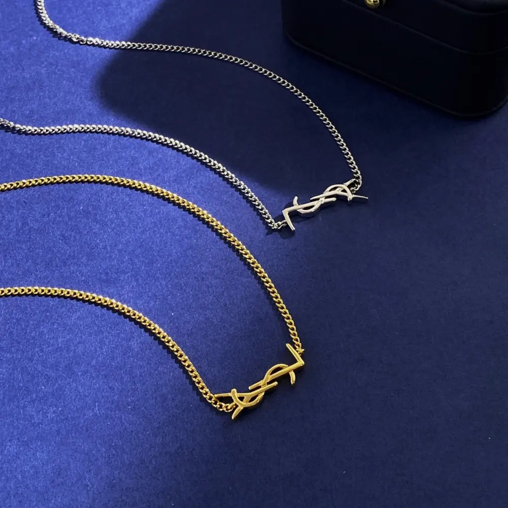 Yves Saint Laurent Metallic Glossy Horizontal YSL Logo Necklace