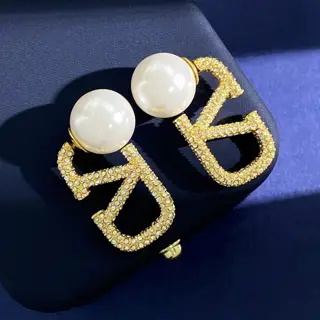 Valentino diamond V-shaped pearl stud earrings