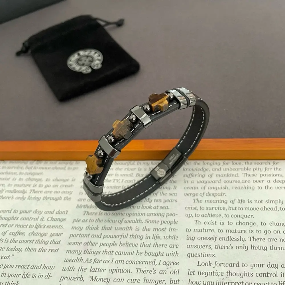 Chrome Hearts Tiger Eye Cross Leather Bracelet