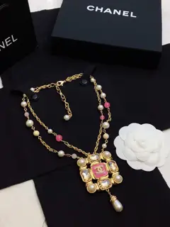 Chanel pink soft pink glass beads tassel necklace long sweater chain