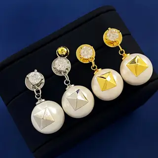 Valentino claw round diamond zircon hanging resin pearl polished square rivet long earrings