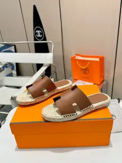 Hermès H-shaped hemp rope woven leather sole slippers
