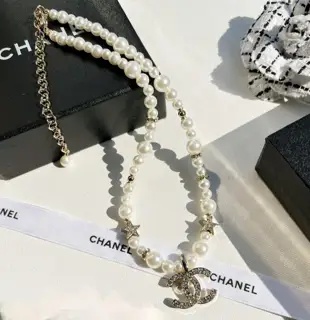 Chanel full diamond double C star pearl choker pearl necklace