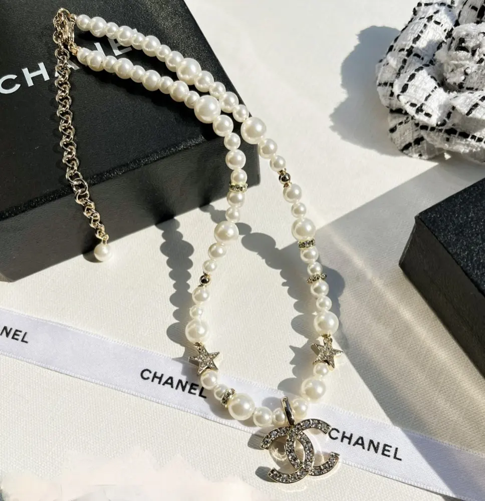 Chanel full diamond double C star pearl choker pearl necklace