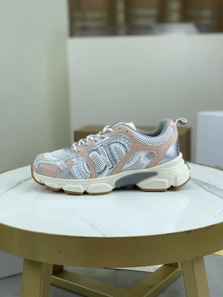 Dior CHRONO shoes have a lot of silver shiny structures with gray mesh materials. The soles
