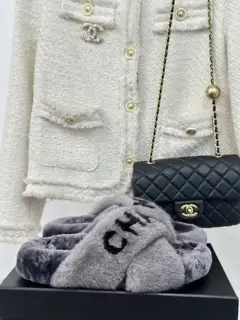 Chanel Cross-stitched Fur Slippers