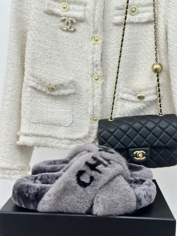 Chanel Cross-stitched Fur Slippers